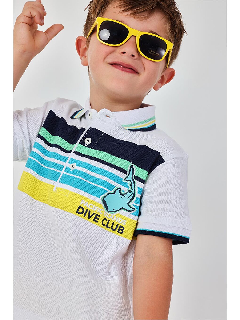 Çizgi Desenli Polo Yaka Tshirt 2-6 Yaş Beyaz-1