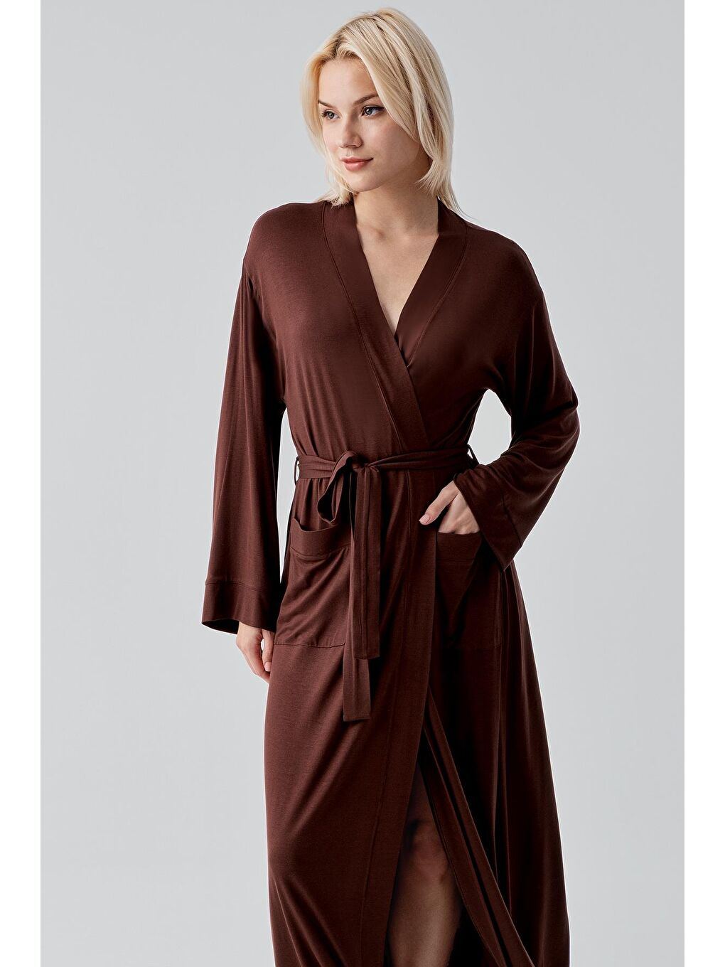 Kahverengi Uzun Kollu Elastanlı Esnek Viskoz Soft Sabahlık 19500-2