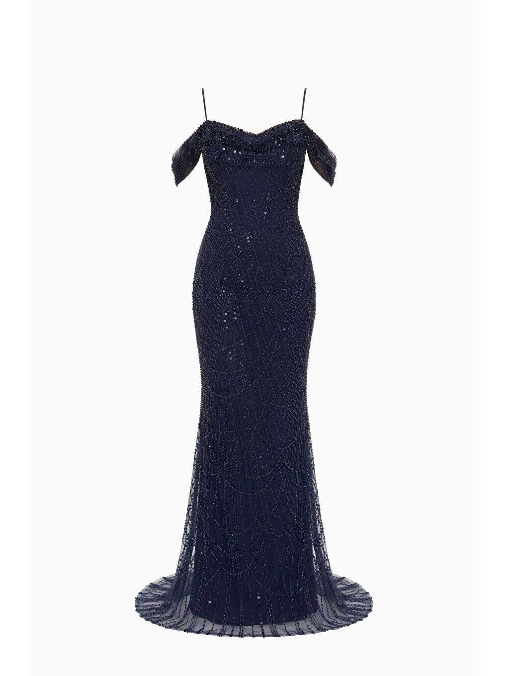 Kadın Lacivert İnce Askılı Boncuklu Uzun Söz Nişan Abiye Elbise-6