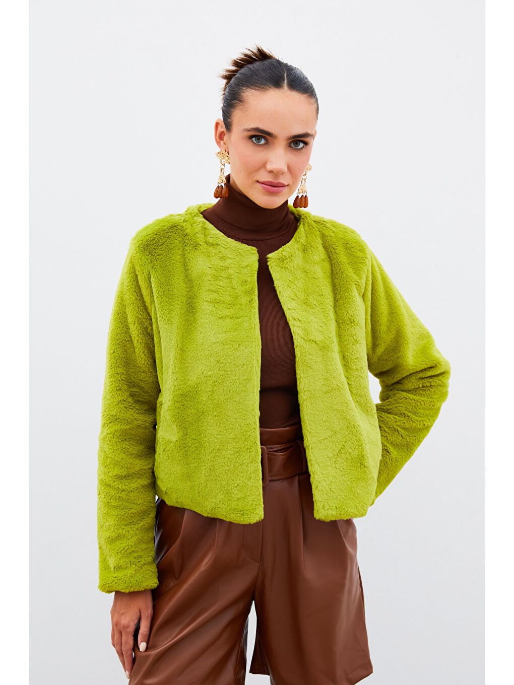 Yakasız Pelüş Ceket - Yeşil-1