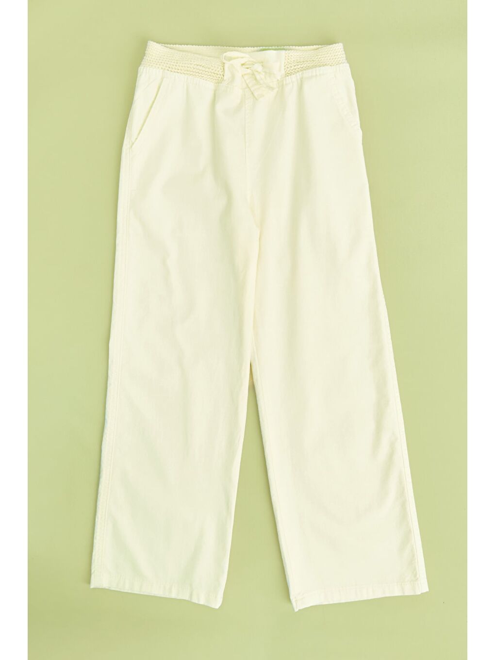 Sarı Beli Lastikli Keten Görünümlü Kız Çocuk Pantolon