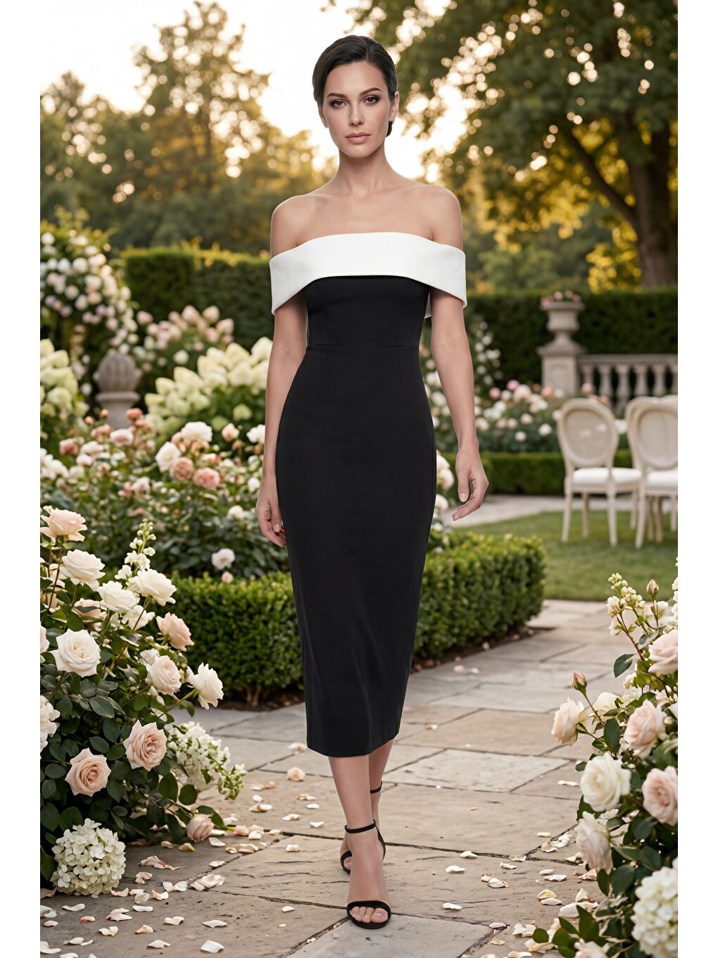 Kadın Siyah Kayık Yaka Midi Kalem Davet Elbisesi-4