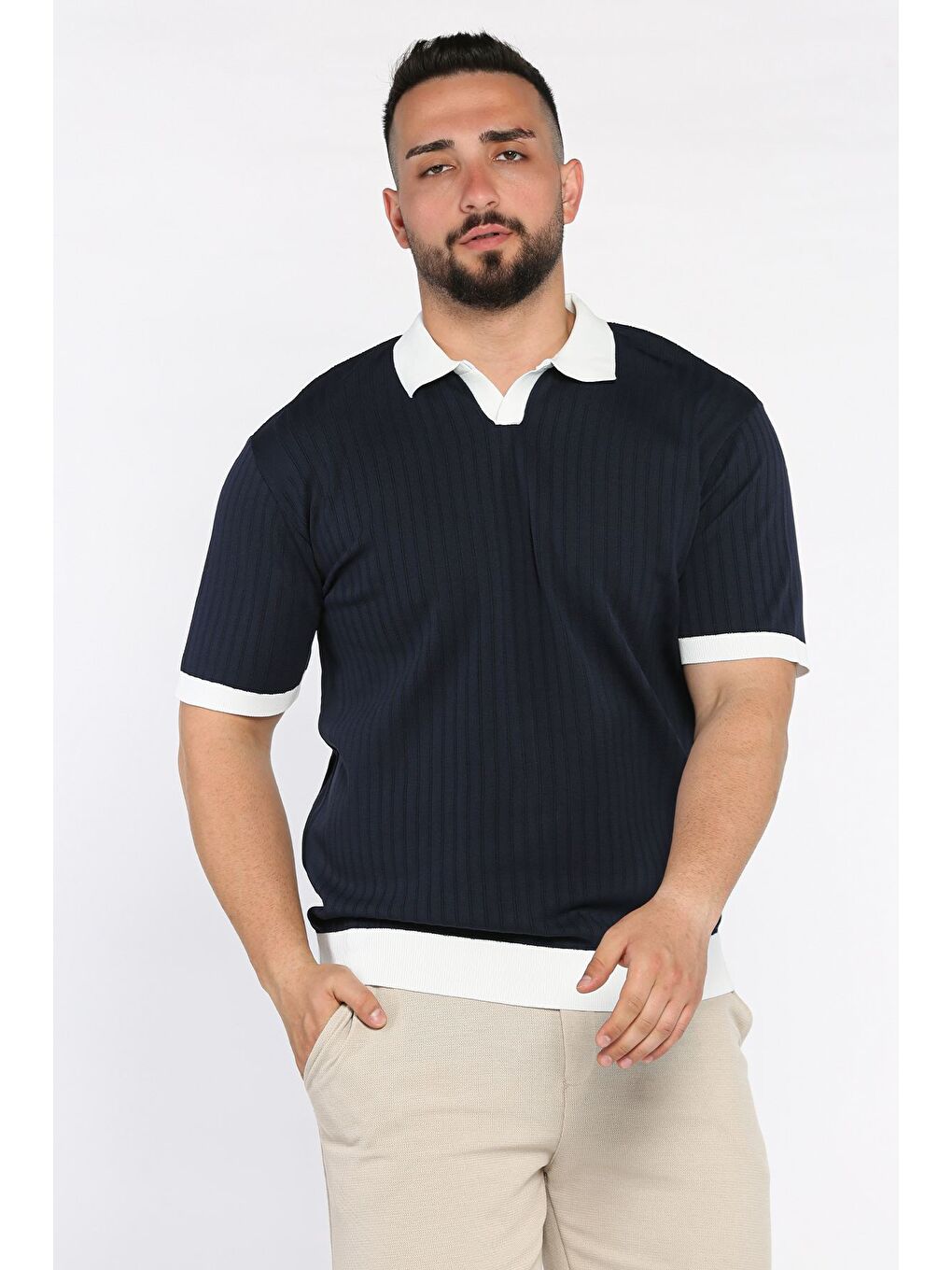 Lacivert Polo Yaka Çizgi Desenli Erkek Triko Tişört-1