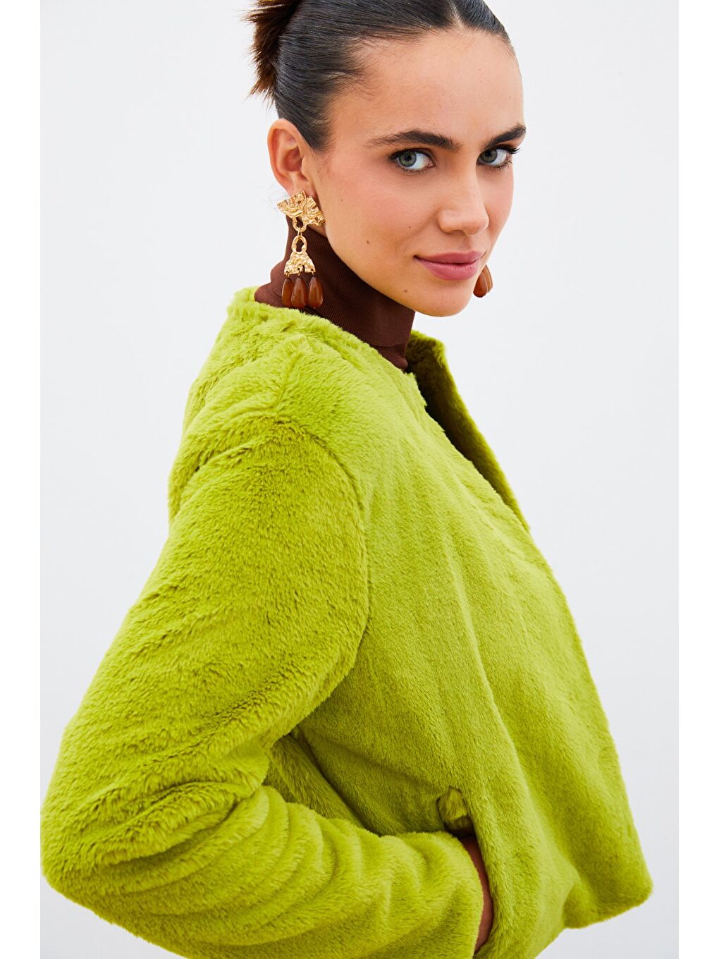 Yakasız Pelüş Ceket - Yeşil-2