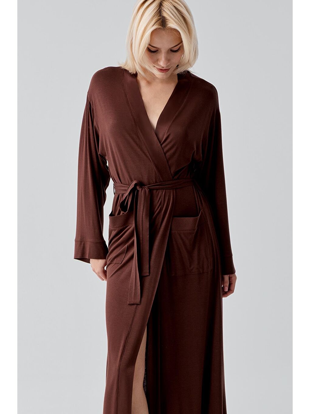 Kahverengi Uzun Kollu Elastanlı Esnek Viskoz Soft Sabahlık 19500-3