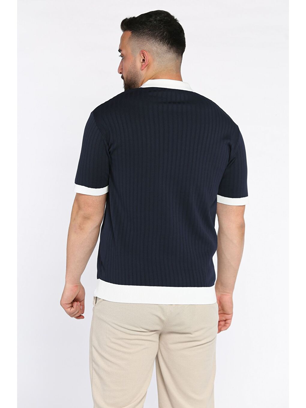 Lacivert Polo Yaka Çizgi Desenli Erkek Triko Tişört-2