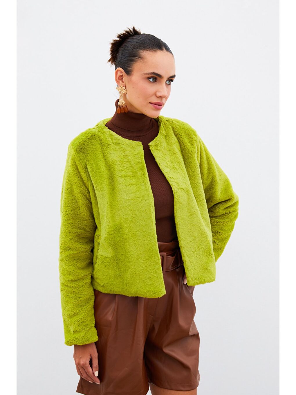 Yakasız Pelüş Ceket - Yeşil-3