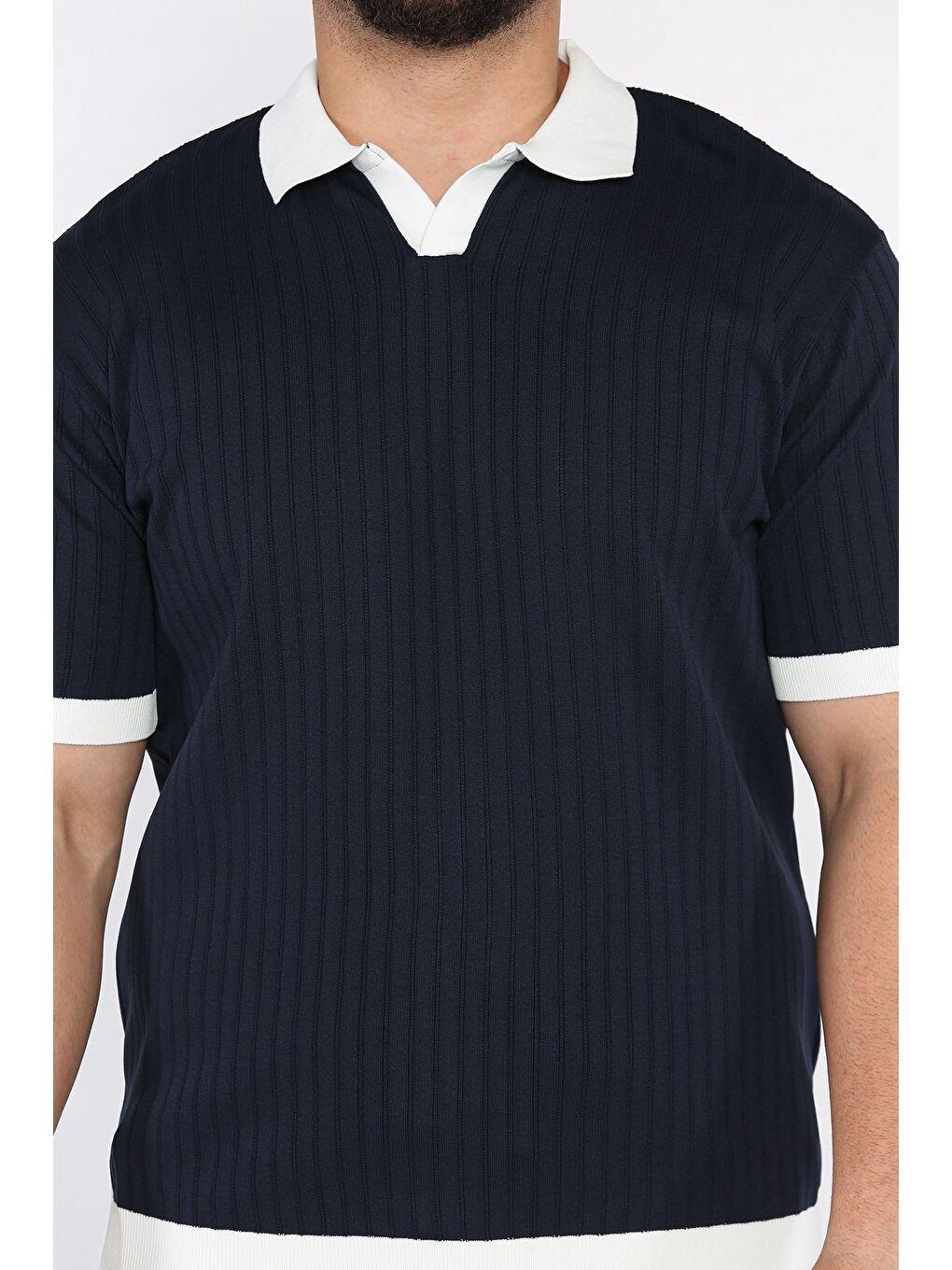 Lacivert Polo Yaka Çizgi Desenli Erkek Triko Tişört-3