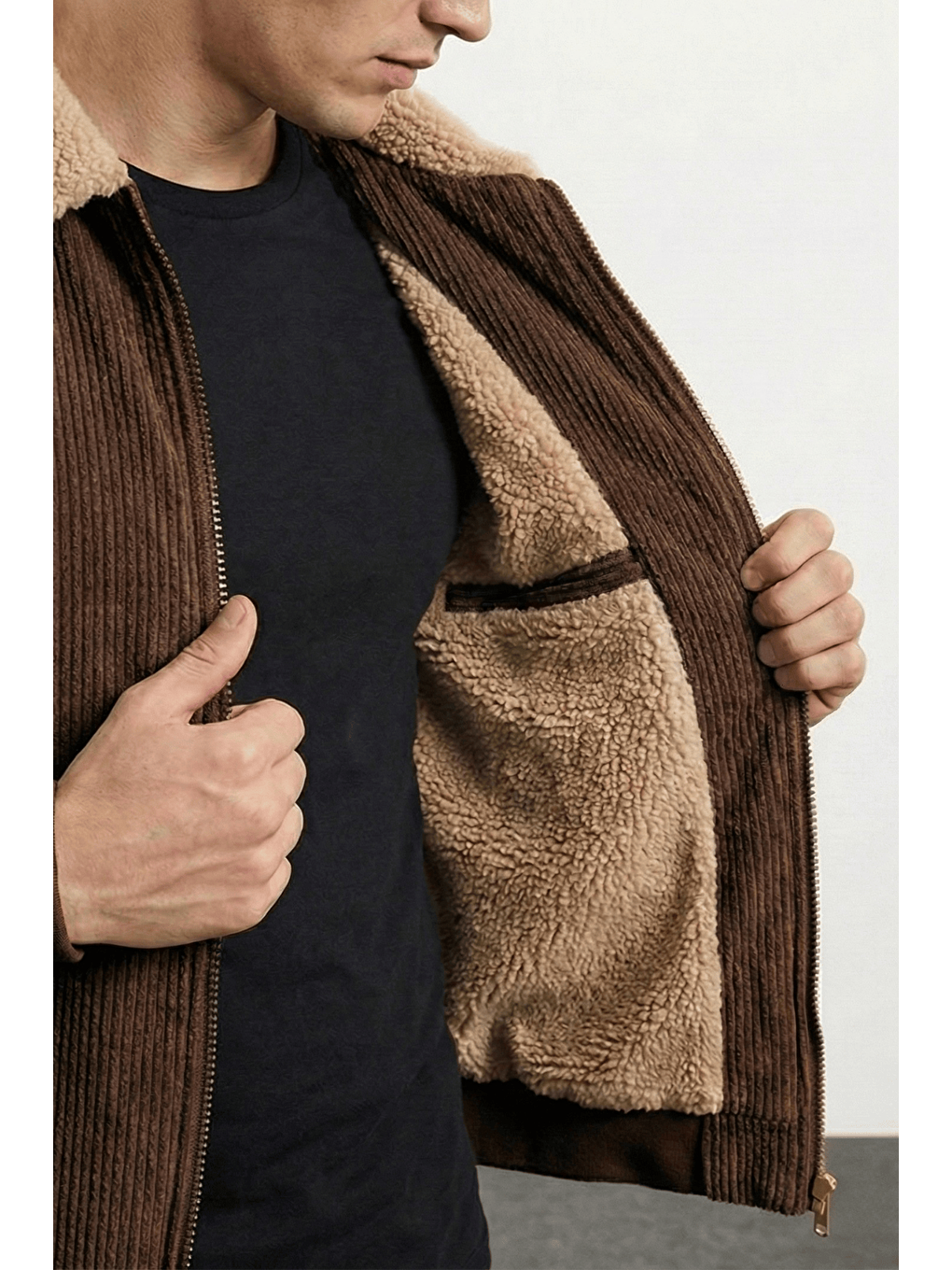 Kahverengi Erkek Kadife Mont Pelüş Astarlı Gömlek Yaka Rüzgar Geçirmez Kadife Mont-1