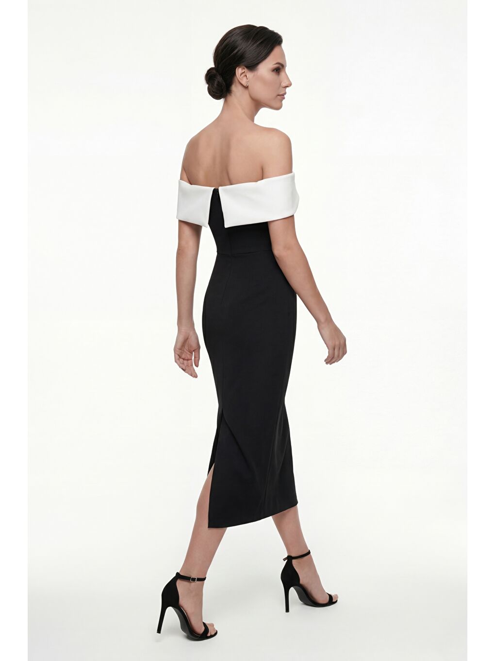 Kadın Siyah Kayık Yaka Midi Kalem Davet Elbisesi-5