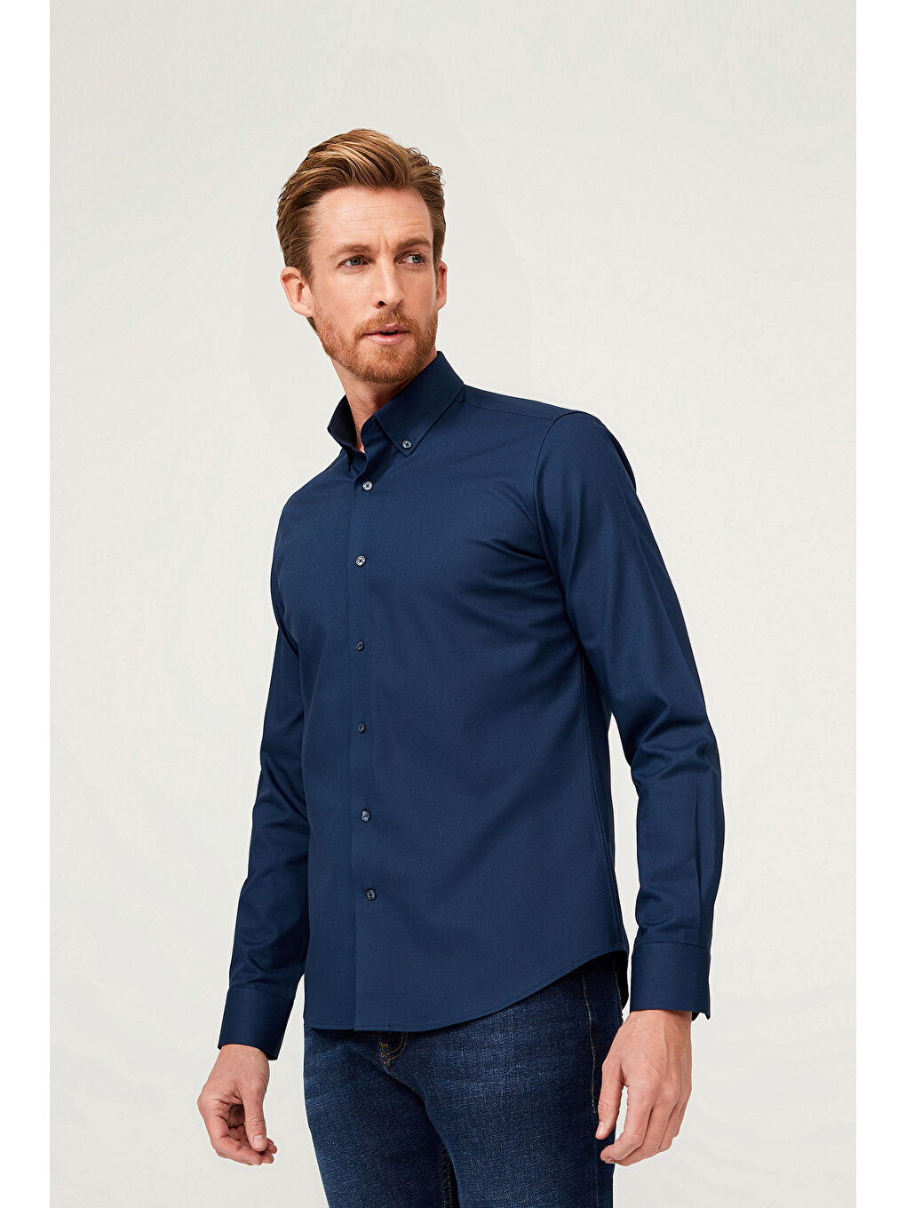 Lacivert Uzun Kol Slim Fit Dar Kesim Pamuk Gömlek