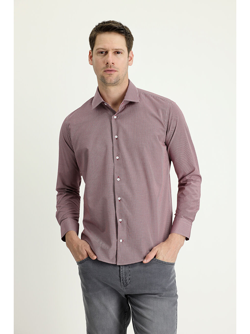 Bordo Uzun Kol Slim Fit Dar Kesim Desenli Pamuklu Kolay Ütülenebilir Gömlek