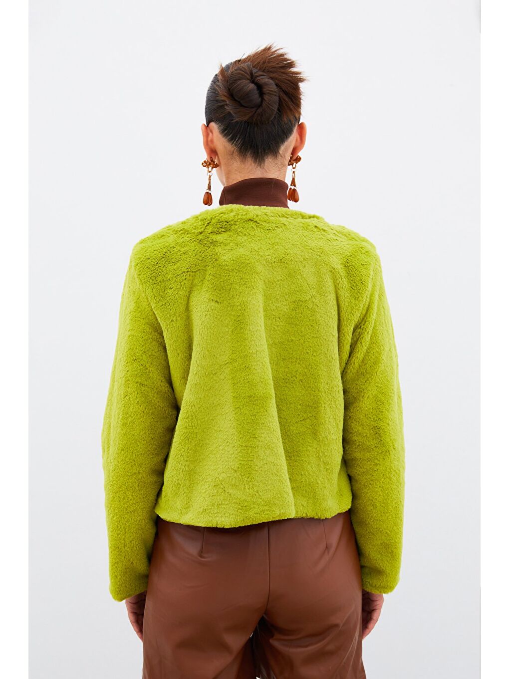 Yakasız Pelüş Ceket - Yeşil-4