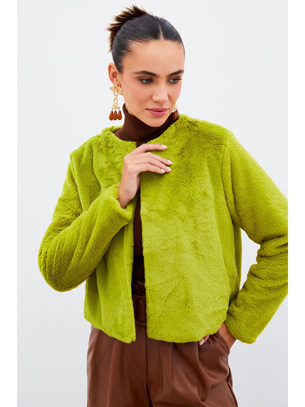 Yakasız Pelüş Ceket - Yeşil-5