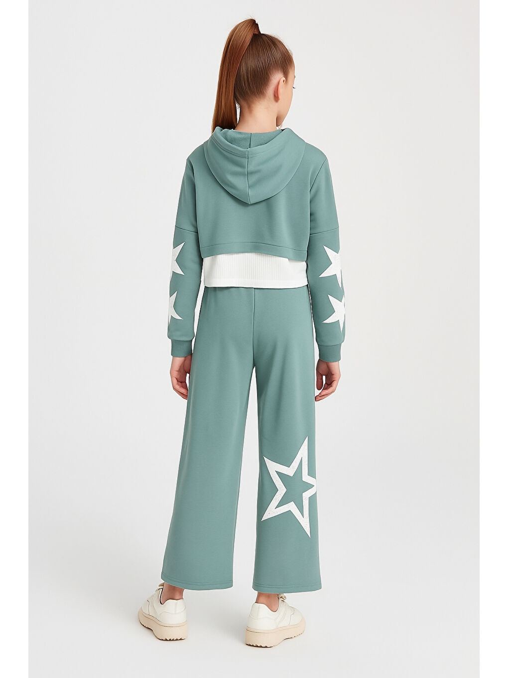 Yeşil Kız Çocuk Yıldız Baskılı Kapüşonlu Alt Üst Takım Ak13536-1