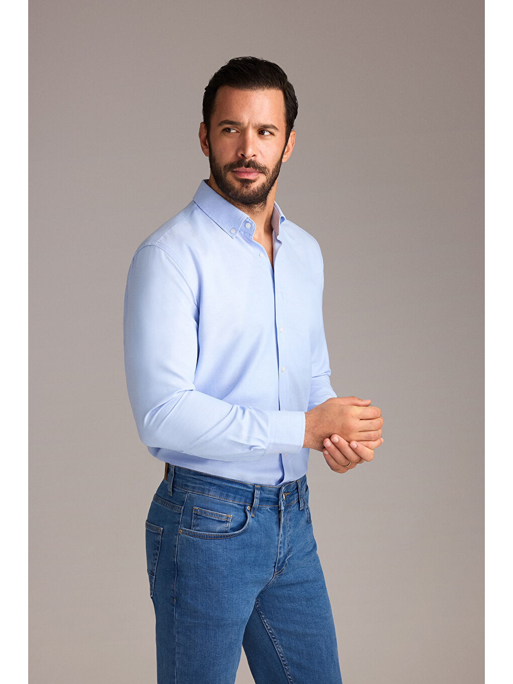 Mavi Uzun Kol Slim Fit Düğmeli Yaka Oxford Pamuklu Kolay Ütülenebilir Büyük Beden Gömlek