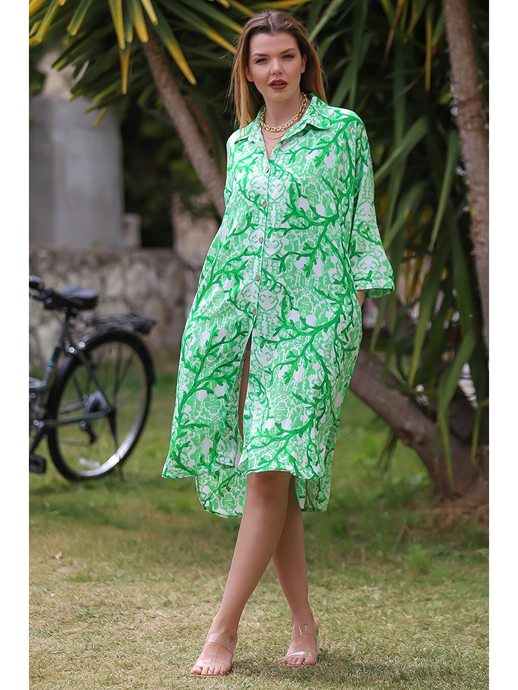 Açık Yeşil Gömlek Yaka Düğmeli Uzun Kollu Düğmeli Allover Baskılı Dokuma Casual Elbise-1