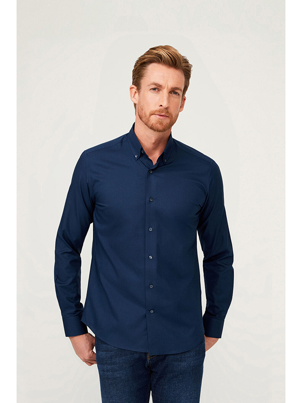 Lacivert Uzun Kol Slim Fit Dar Kesim Pamuk Gömlek-1