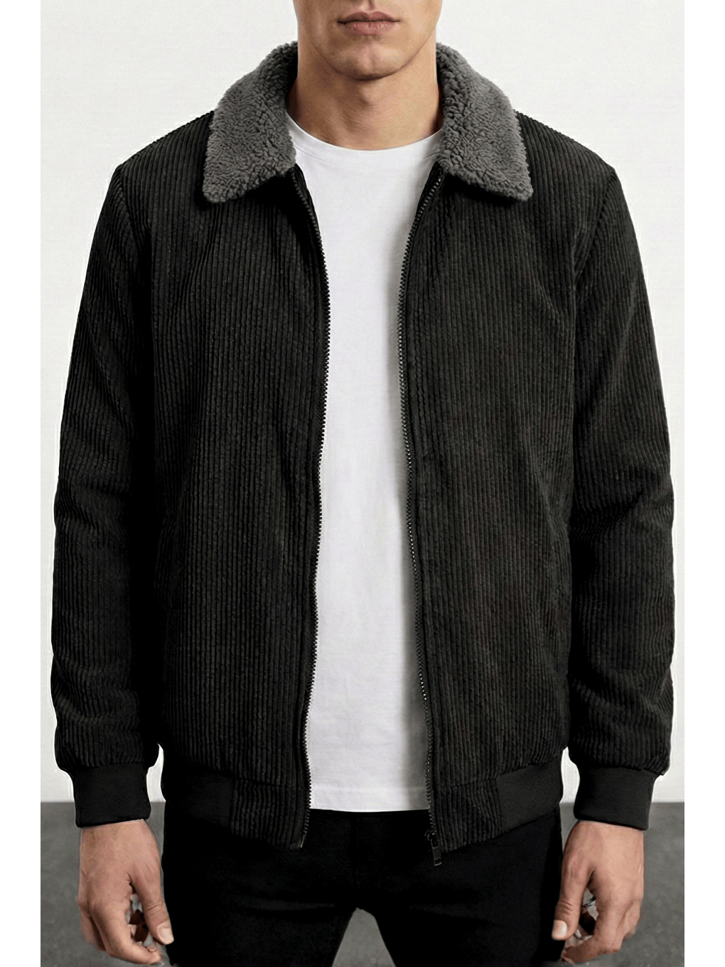 Siyah Erkek Kadife Mont Pelüş Astarlı Gömlek Yaka Rüzgar Geçirmez Kadife Mont