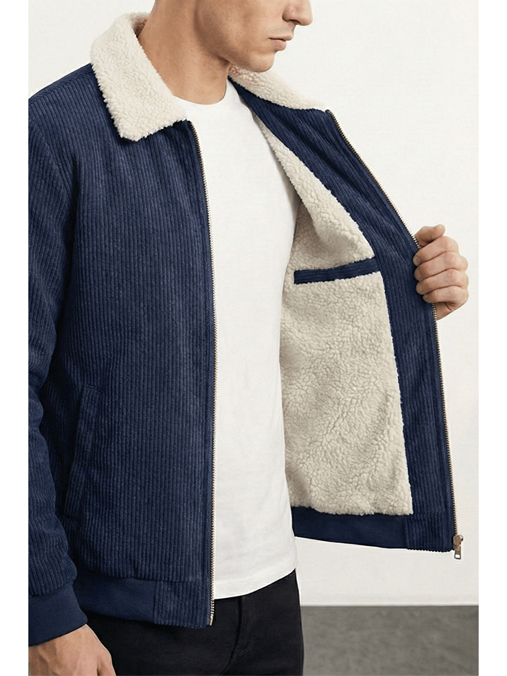 Lacivert Erkek Kadife Mont Pelüş Astarlı Gömlek Yaka Rüzgar Geçirmez Kadife Mont-1