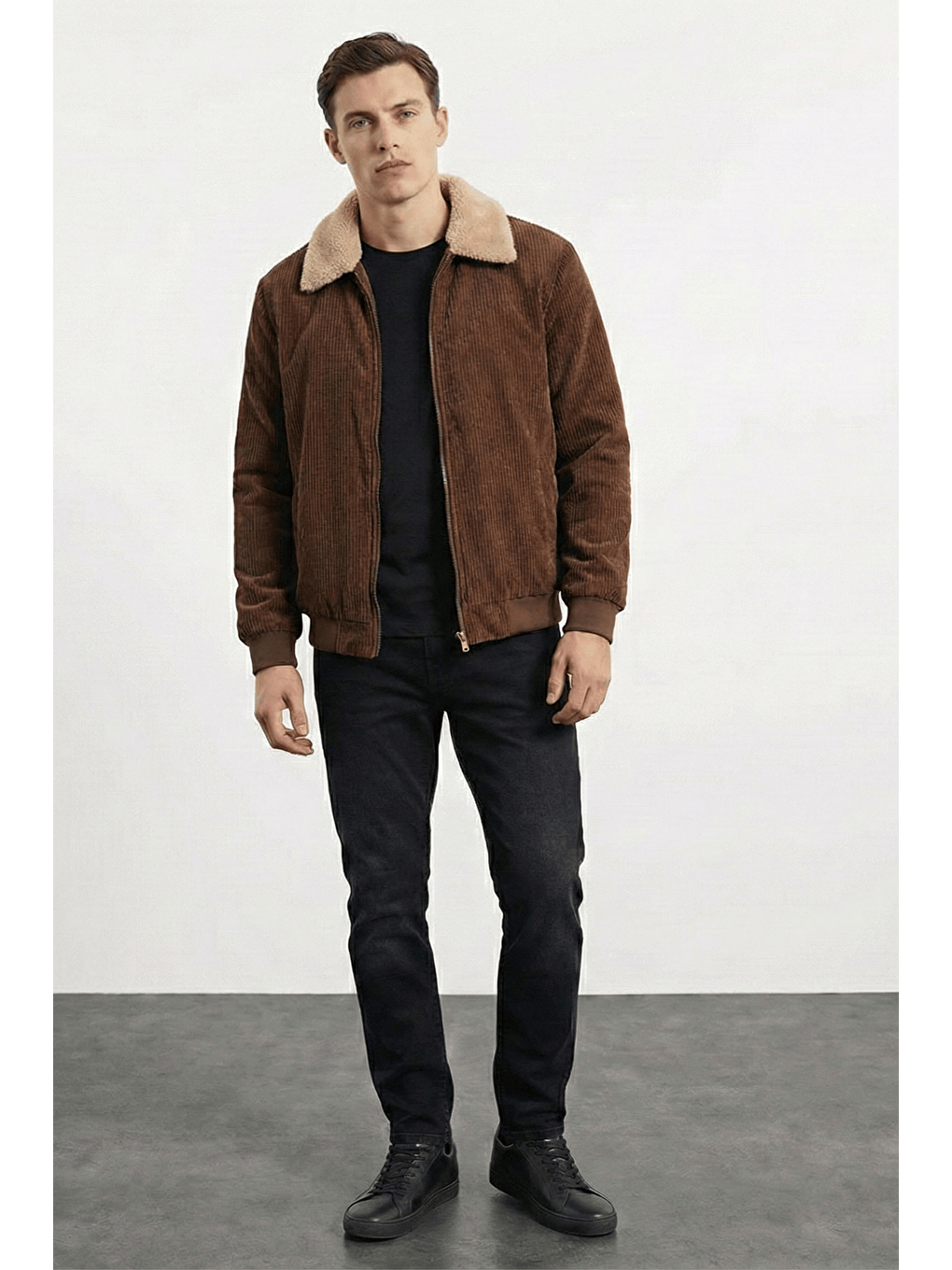 Kahverengi Erkek Kadife Mont Pelüş Astarlı Gömlek Yaka Rüzgar Geçirmez Kadife Mont-2