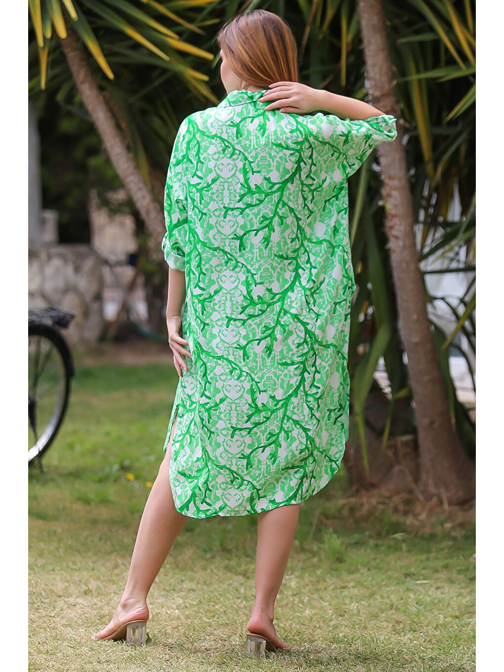 Açık Yeşil Gömlek Yaka Düğmeli Uzun Kollu Düğmeli Allover Baskılı Dokuma Casual Elbise-5