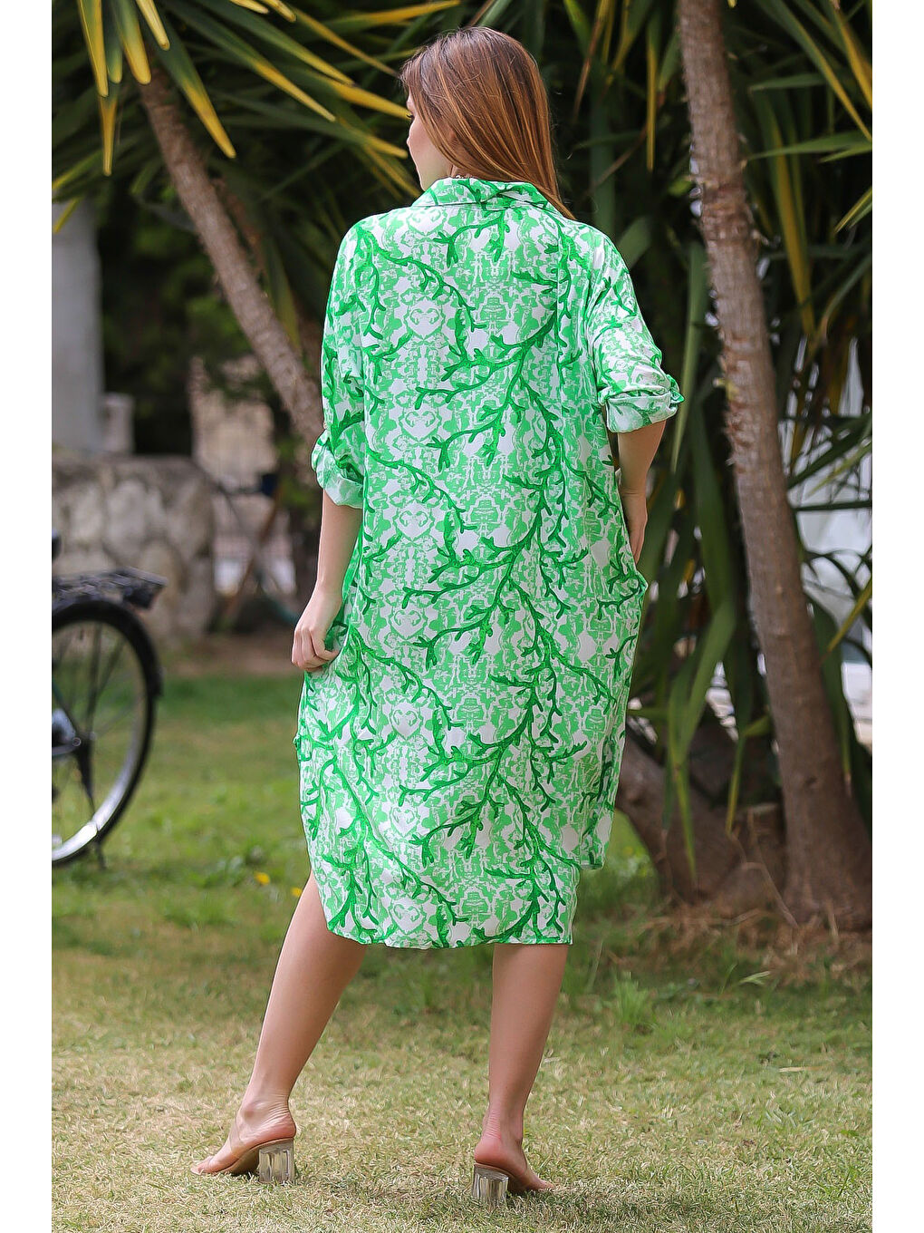 Açık Yeşil Gömlek Yaka Düğmeli Uzun Kollu Düğmeli Allover Baskılı Dokuma Casual Elbise-6