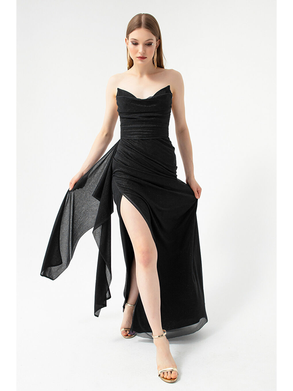 Kadın Siyah Göğüs Drapeli Yırtmaçlı Simli Abiye