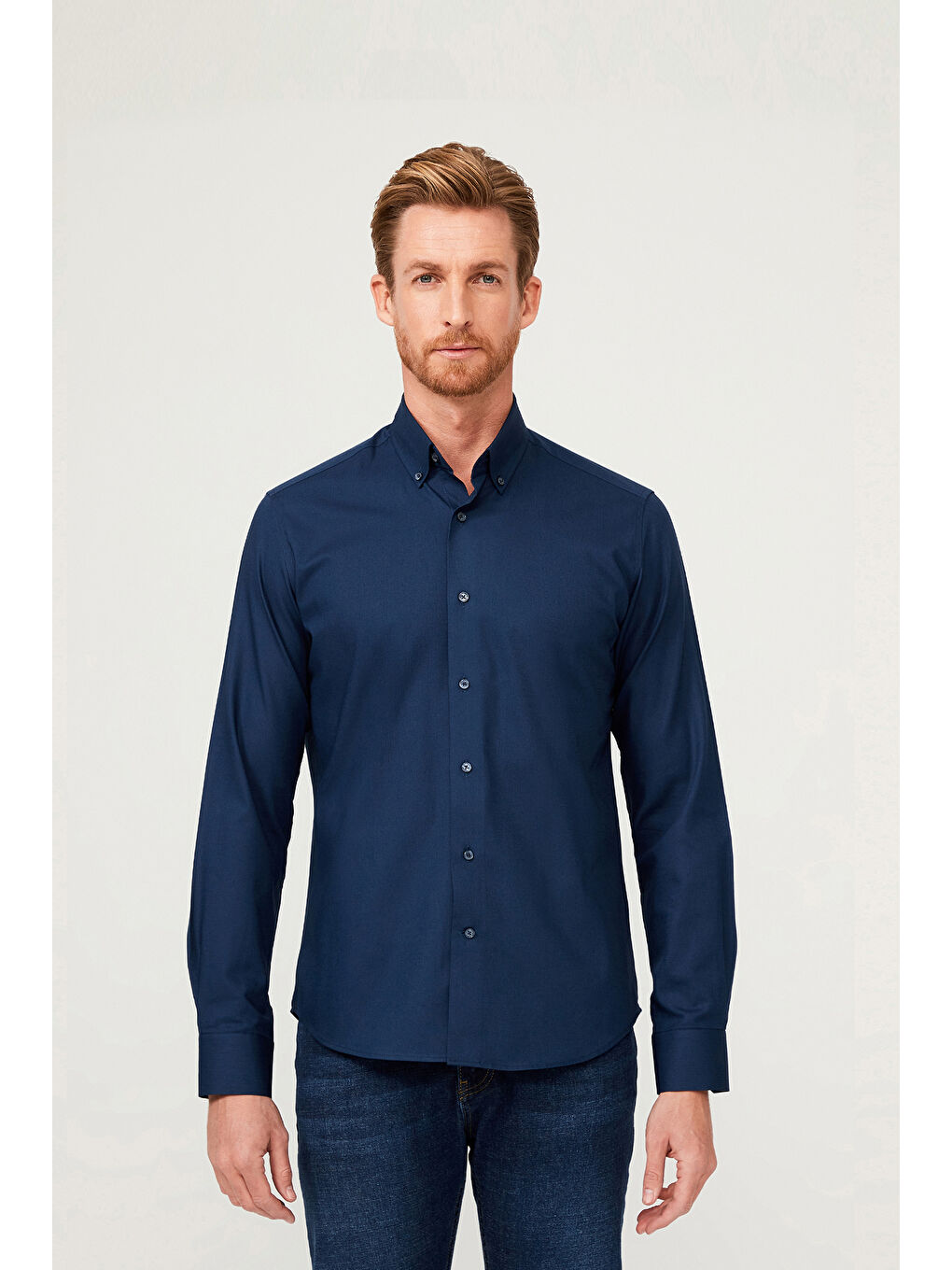 Lacivert Uzun Kol Slim Fit Dar Kesim Pamuk Gömlek-2