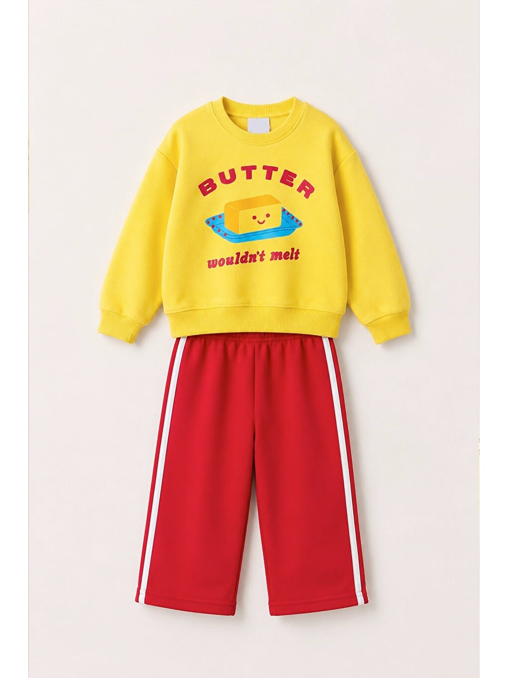 Unisex Çocuk Baskılı Sarı Sweatshirt Ve Kırmızı Eşofman Alt Üst Takım