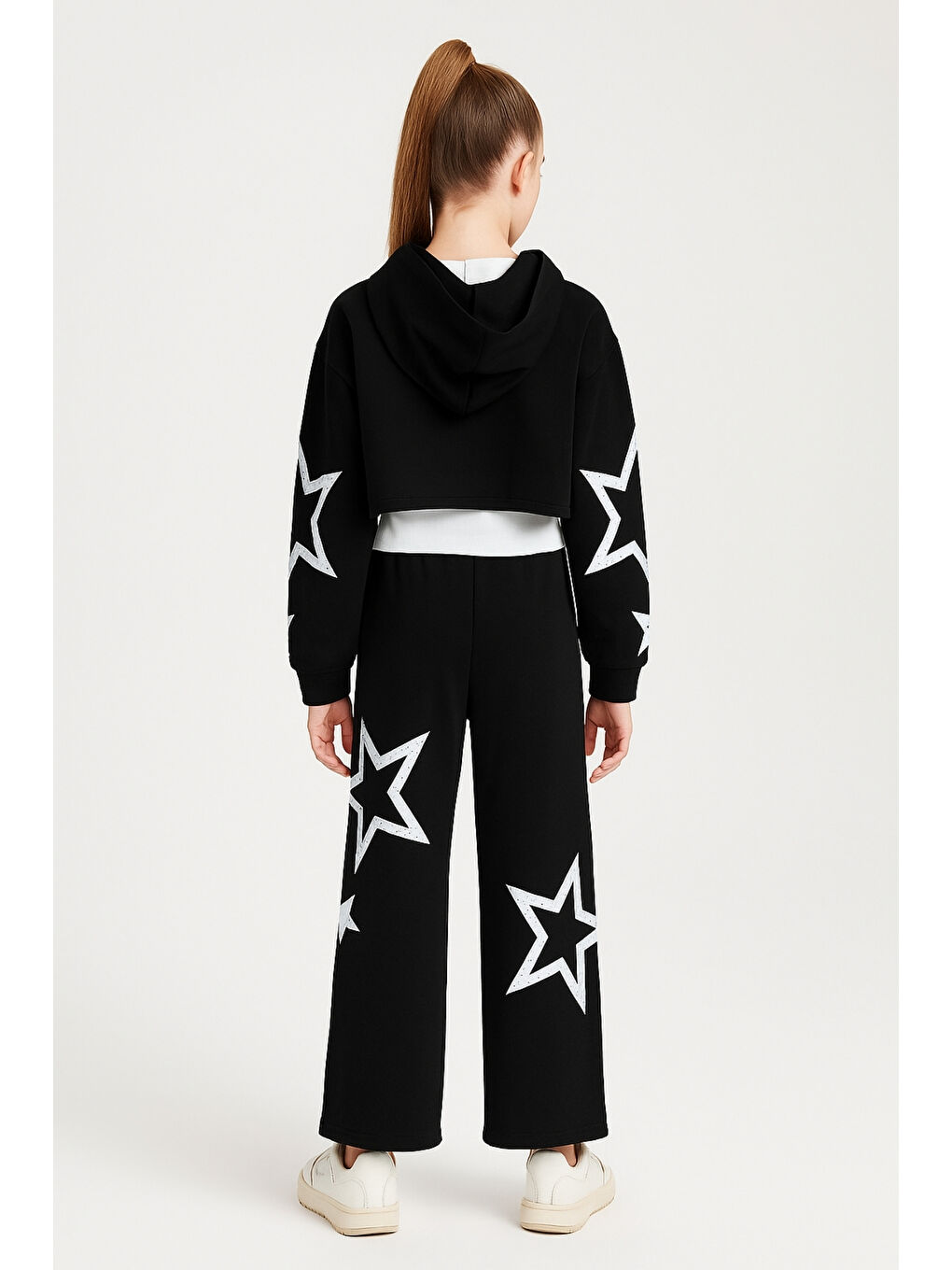 Siyah Kız Çocuk Yıldız Baskılı Kapüşonlu Alt Üst Takım Ak13536-1