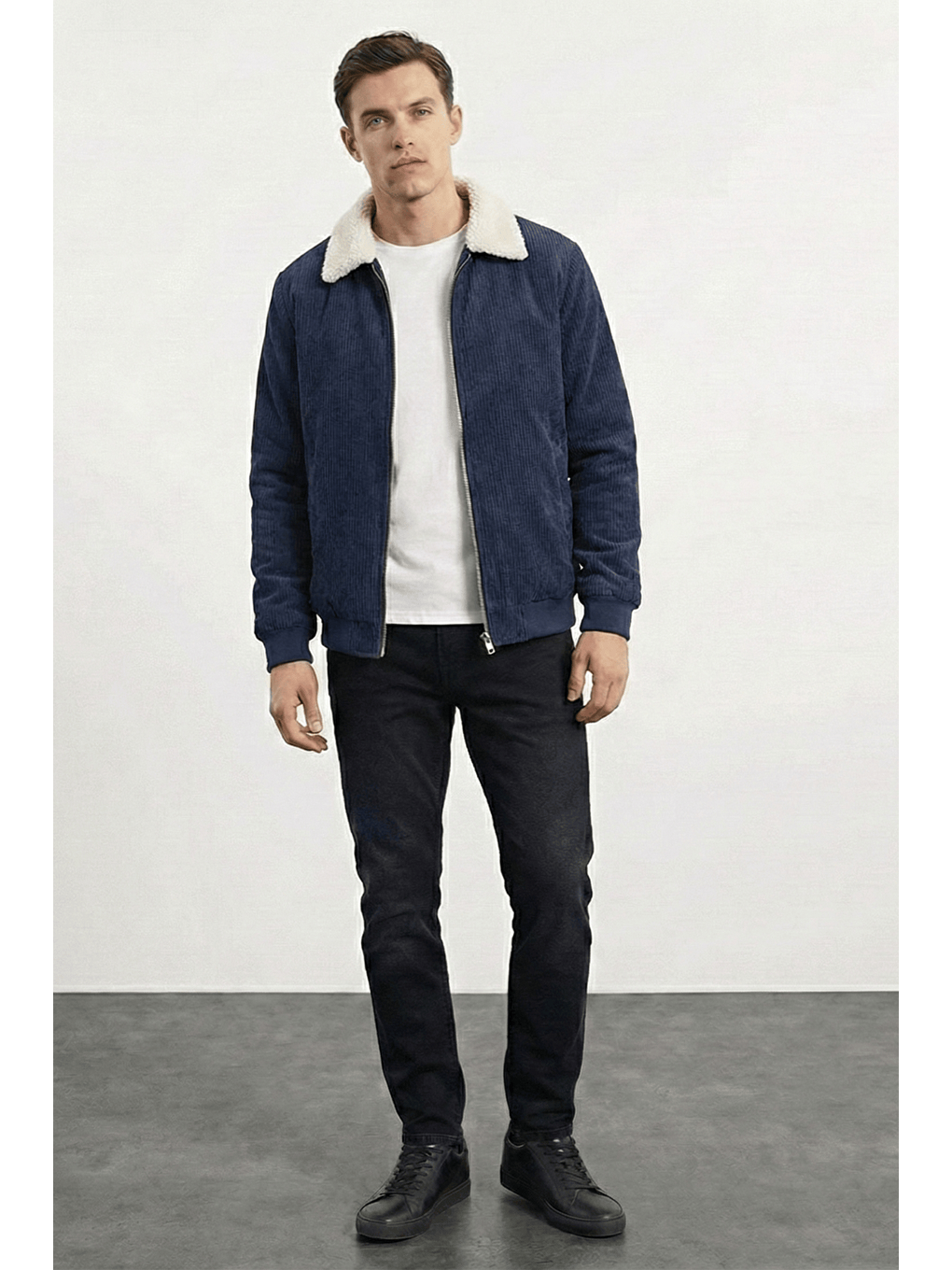 Lacivert Erkek Kadife Mont Pelüş Astarlı Gömlek Yaka Rüzgar Geçirmez Kadife Mont-2