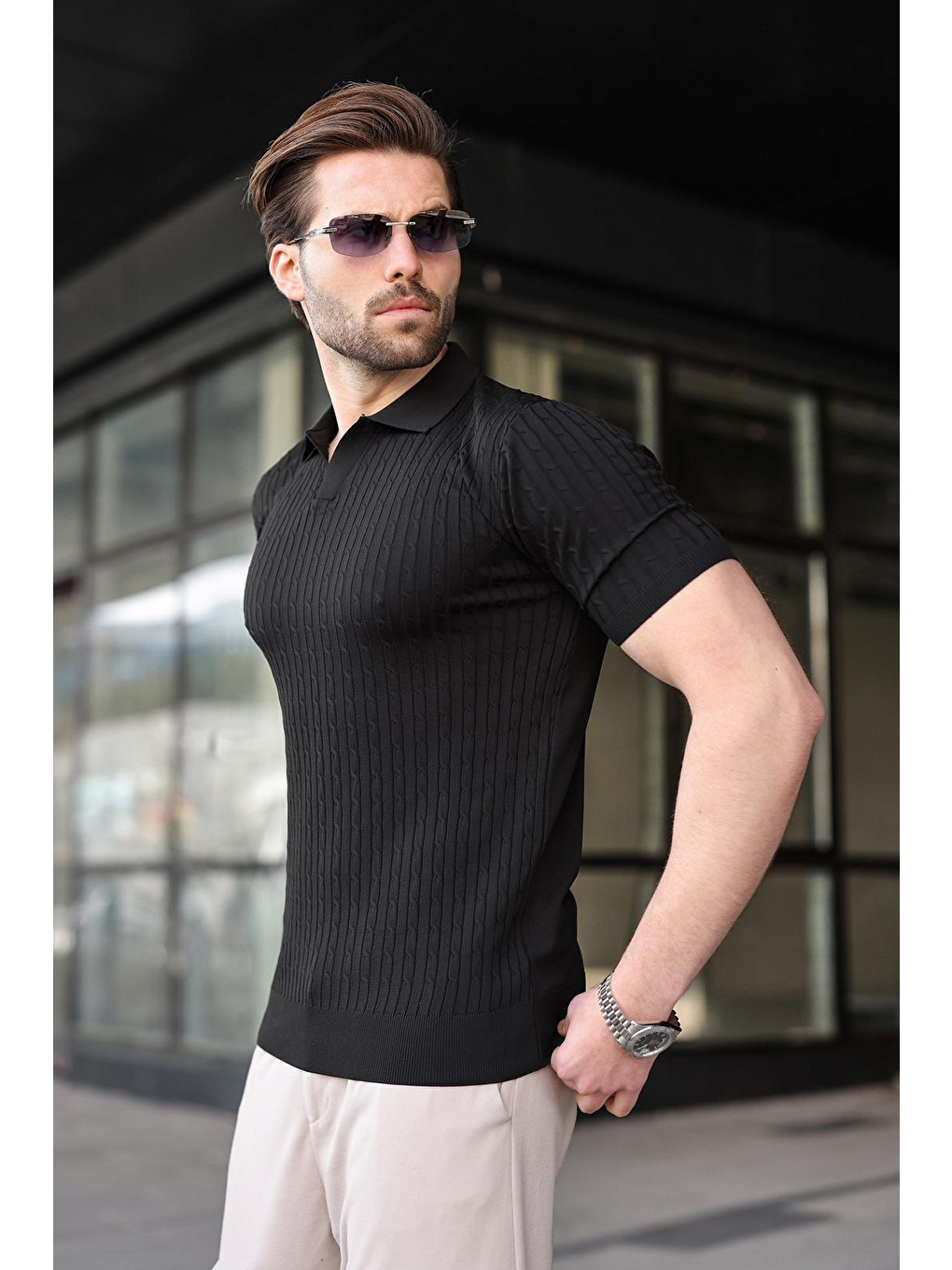 Siyah Slim Fit Polo Yaka Triko Erkek Tişört E7472