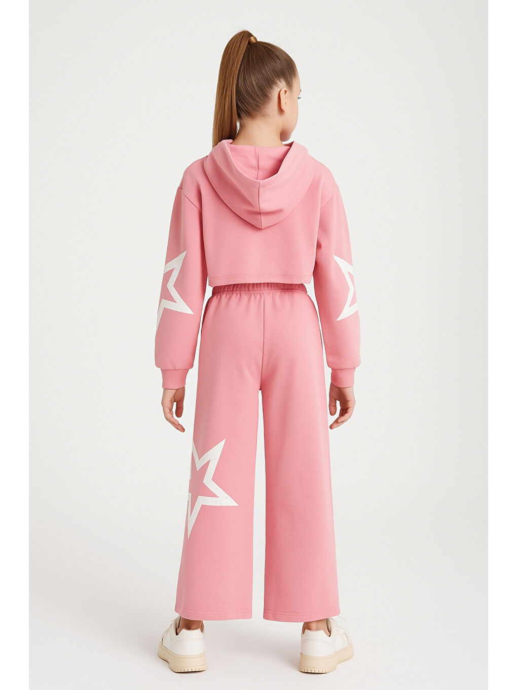 Pembe Kız Çocuk Yıldız Baskılı Kapüşonlu Alt Üst Takım Ak13536-1