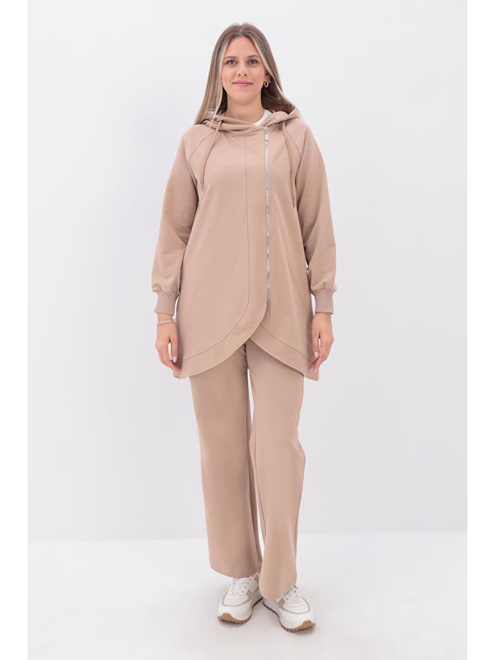 Bej-Yandan Fermuarlı Cepli Eşofman Takımı-1