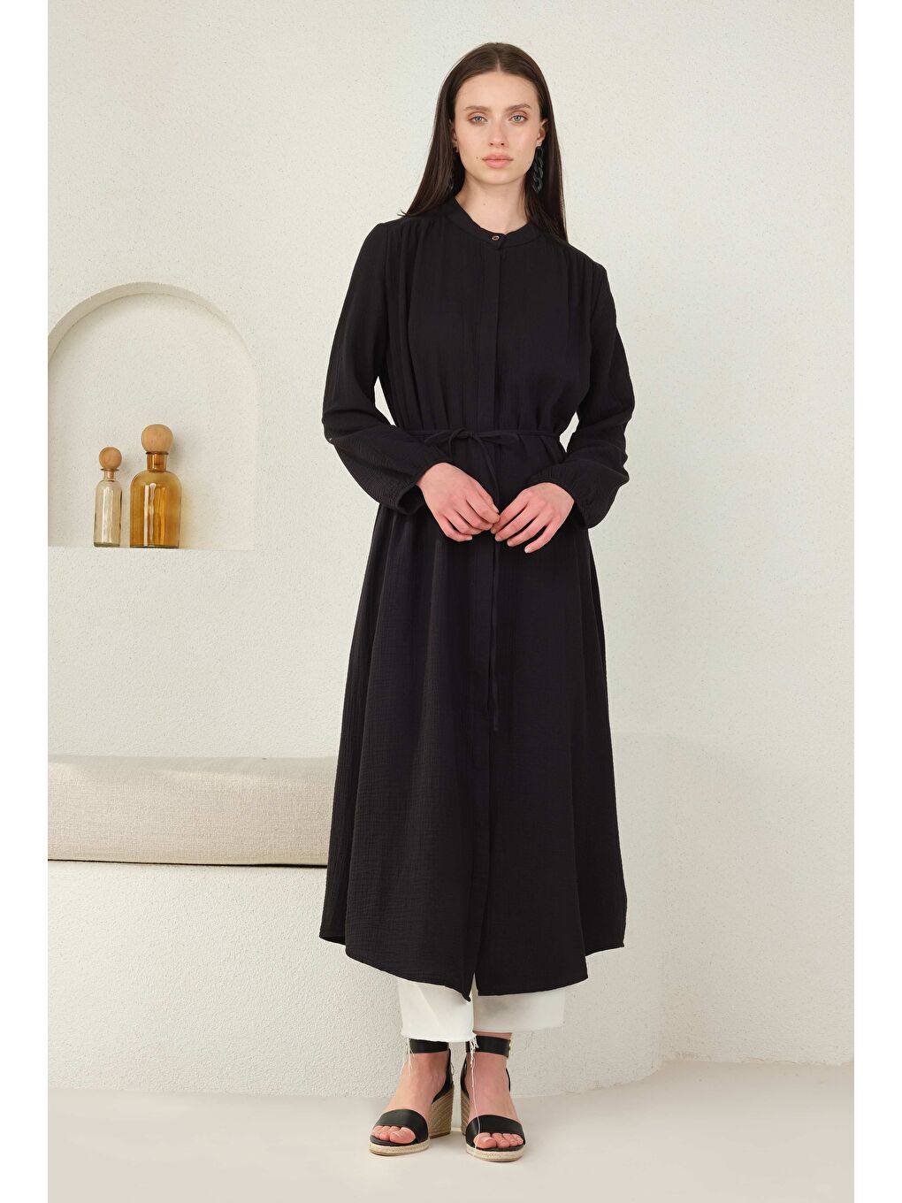 Uzun Müslin Gömlek Siyah-1