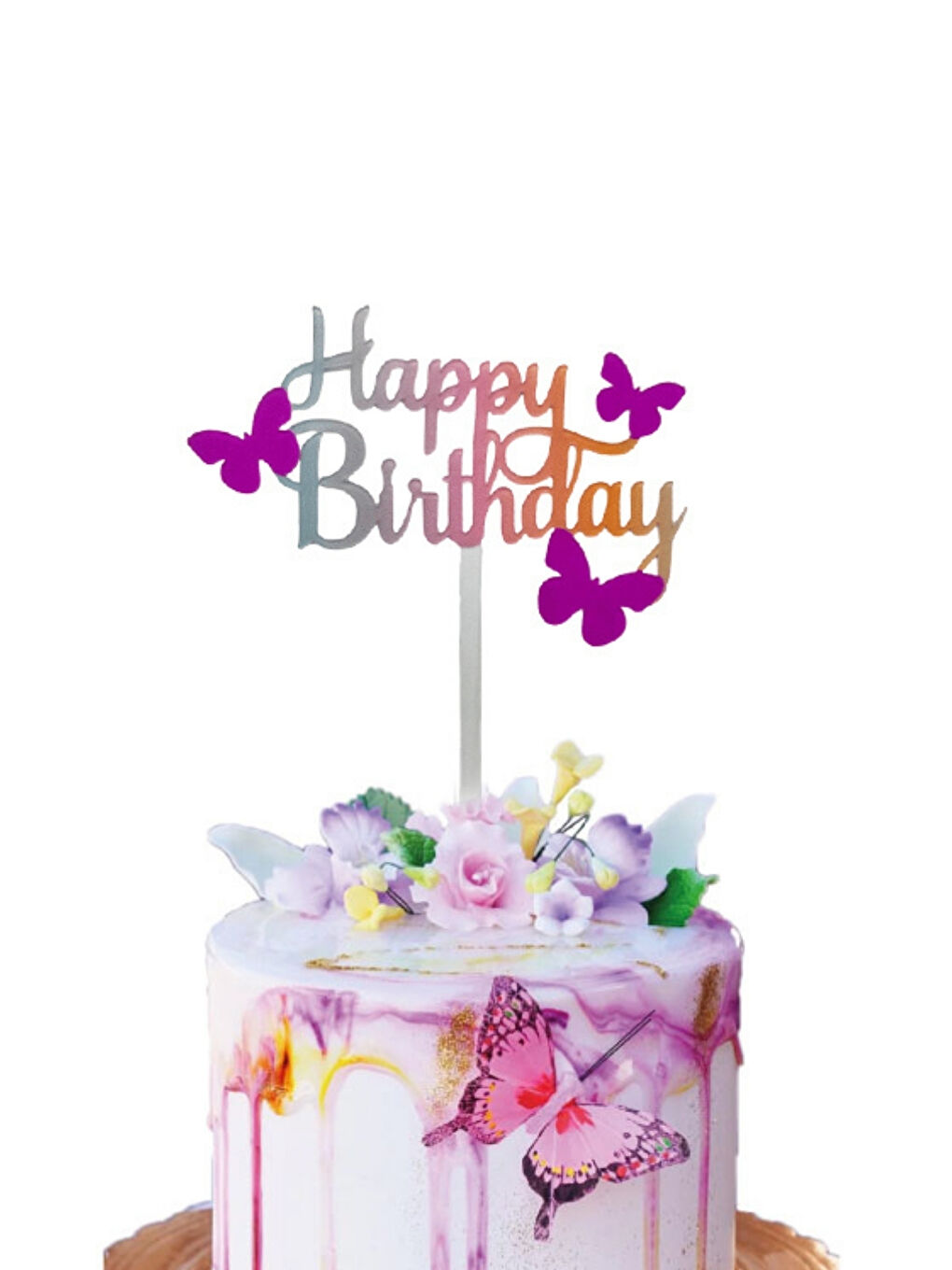 Karışık Çok Renkli Kelebek Temalı Happy Birthday Pasta Süsü
