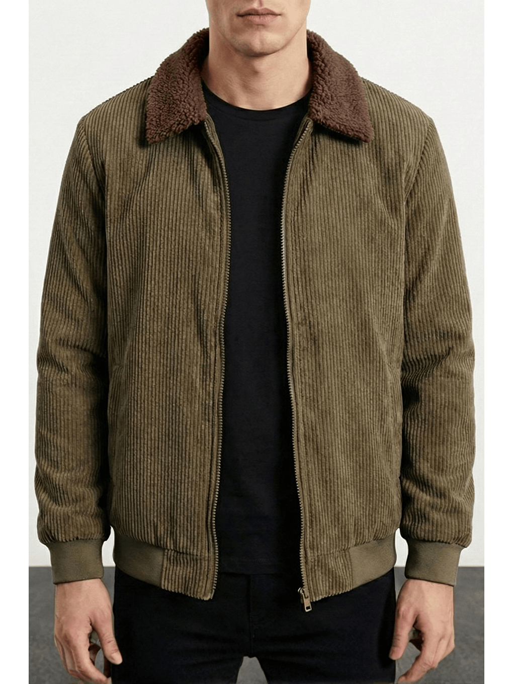 Haki Erkek Kadife Mont Pelüş Astarlı Gömlek Yaka Rüzgar Geçirmez Kadife Mont