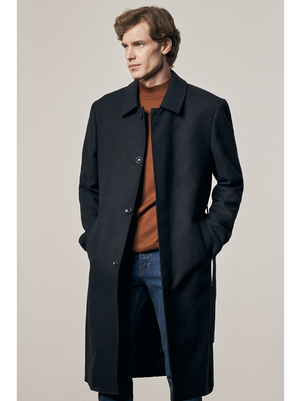 Koyu Lacivert 115 Cm Kaşe Polo Yaka Düz Esnek Garnisiz-Biyesiz Comfort Fit Palto 1005245150