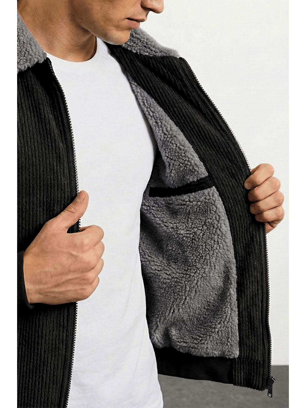 Siyah Erkek Kadife Mont Pelüş Astarlı Gömlek Yaka Rüzgar Geçirmez Kadife Mont-1