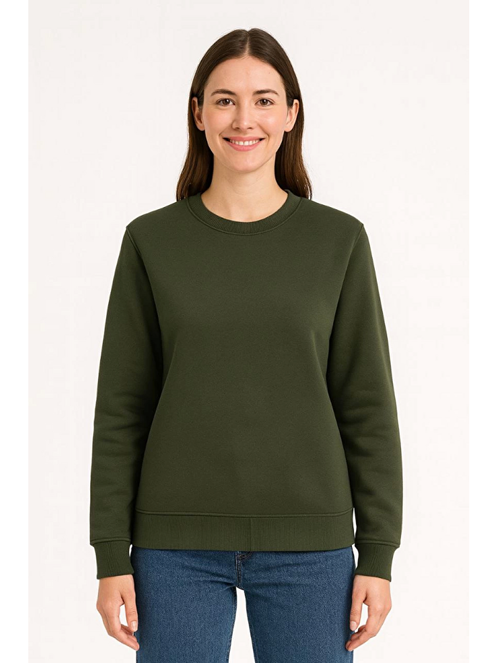 Üç İplik Düz Bisiklet Yaka Sweatshirt - Haki