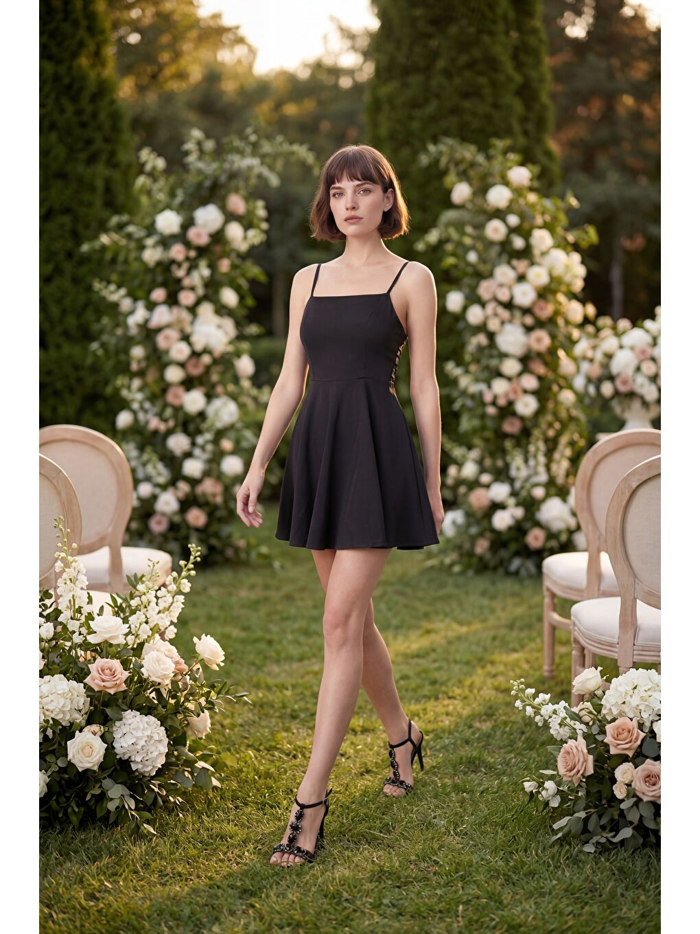 Kadın Siyah İnce Askılı Mini Mezuniyet Elbisesi-4