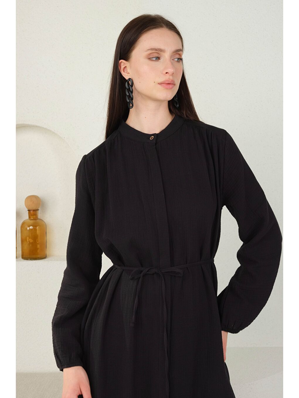 Uzun Müslin Gömlek Siyah-4