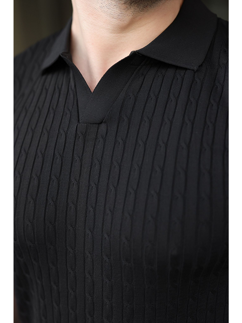 Siyah Slim Fit Polo Yaka Triko Erkek Tişört E7472-1