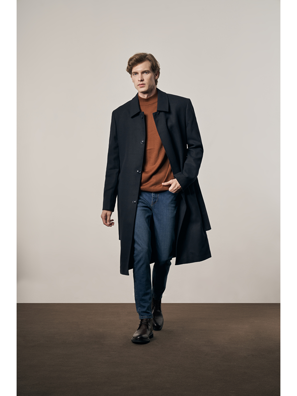 Koyu Lacivert 115 Cm Kaşe Polo Yaka Düz Esnek Garnisiz-Biyesiz Comfort Fit Palto 1005245150-1