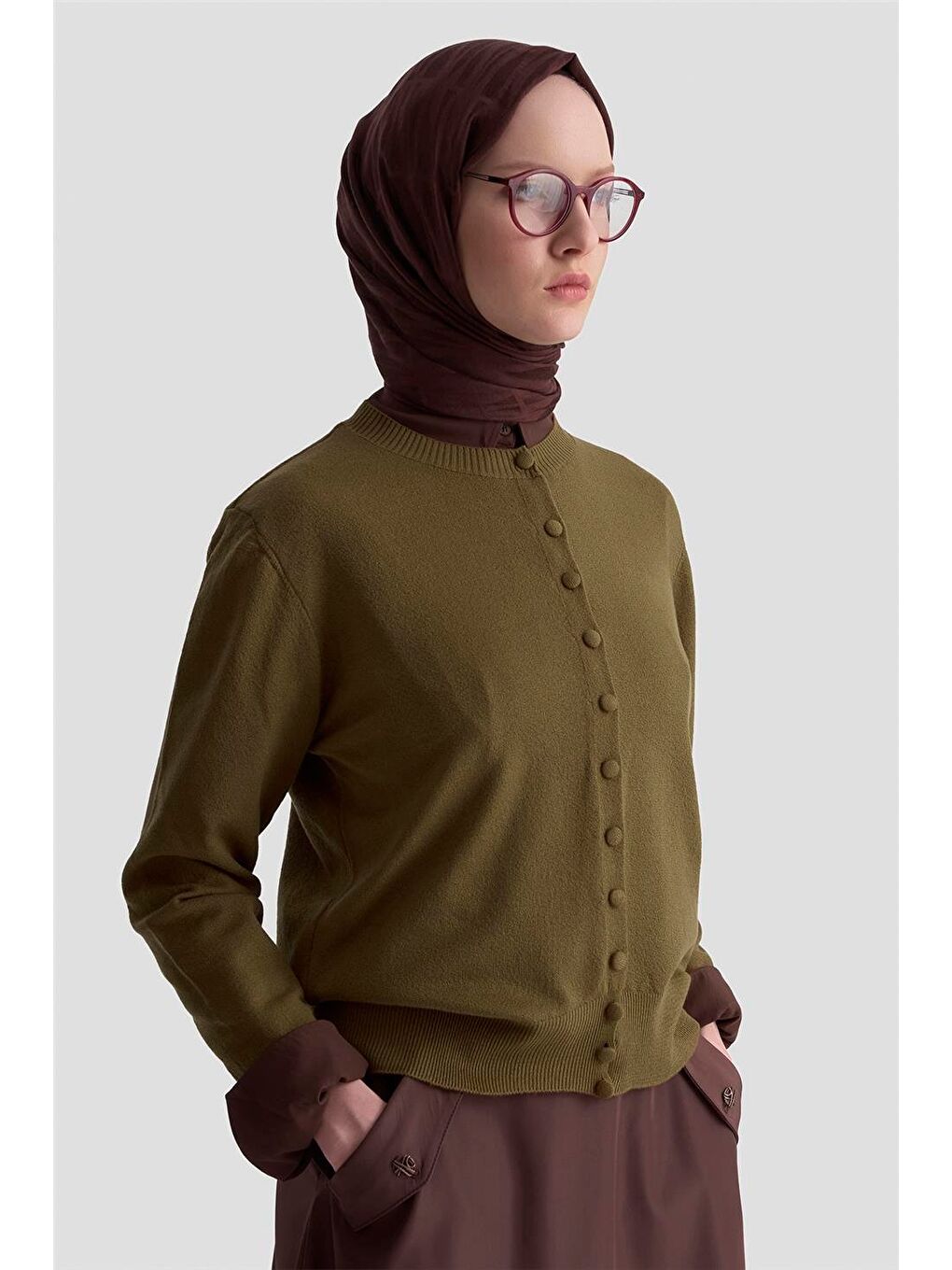 Düğme Detaylı Basic Hırka 25Kd7012 Haki-3