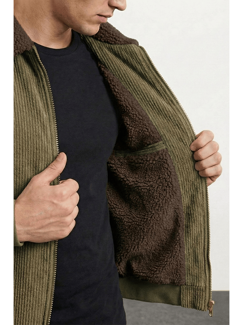 Haki Erkek Kadife Mont Pelüş Astarlı Gömlek Yaka Rüzgar Geçirmez Kadife Mont-1