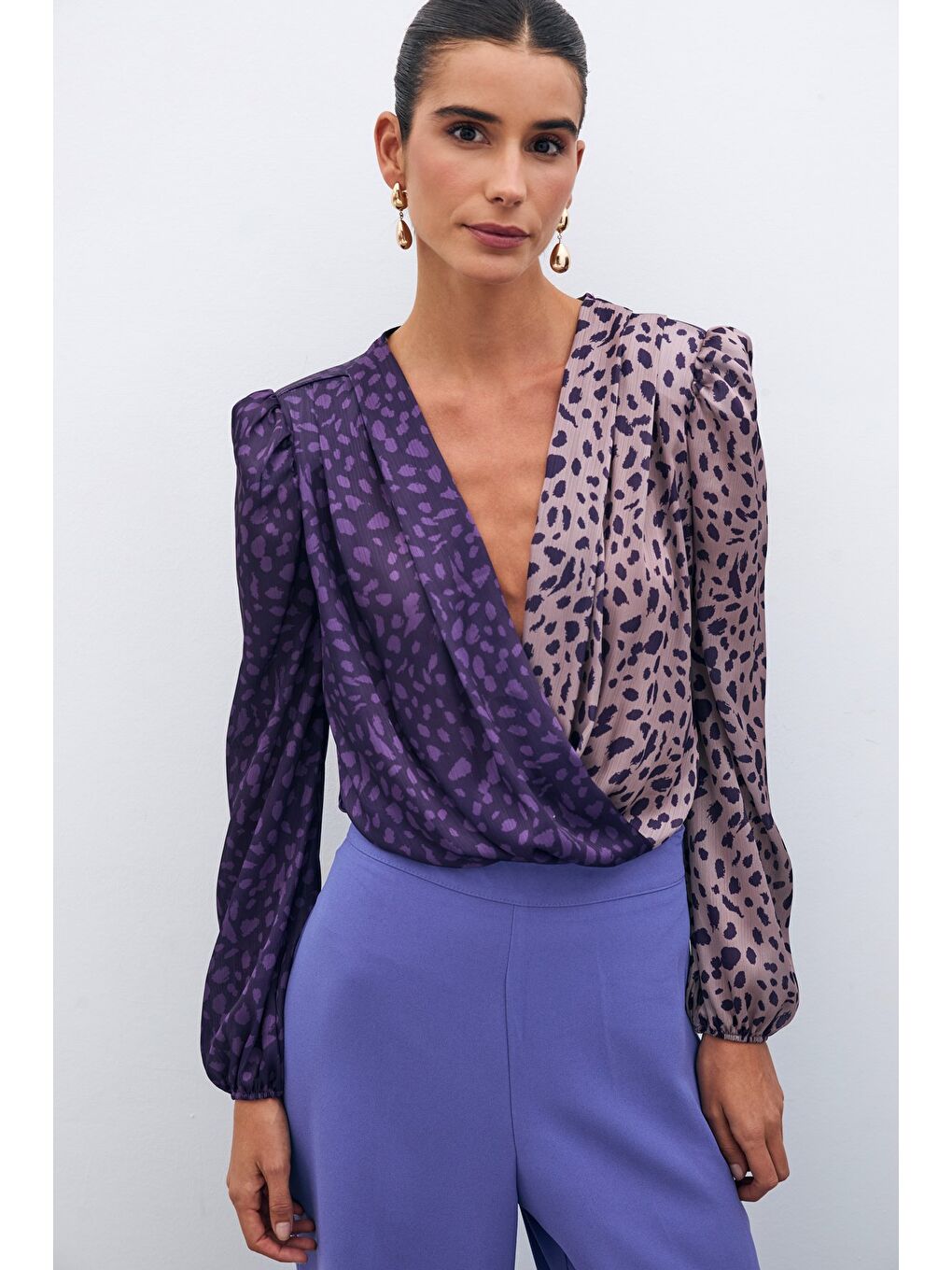 Kruvaze Desenli Bodysuit - Mor-Pudra