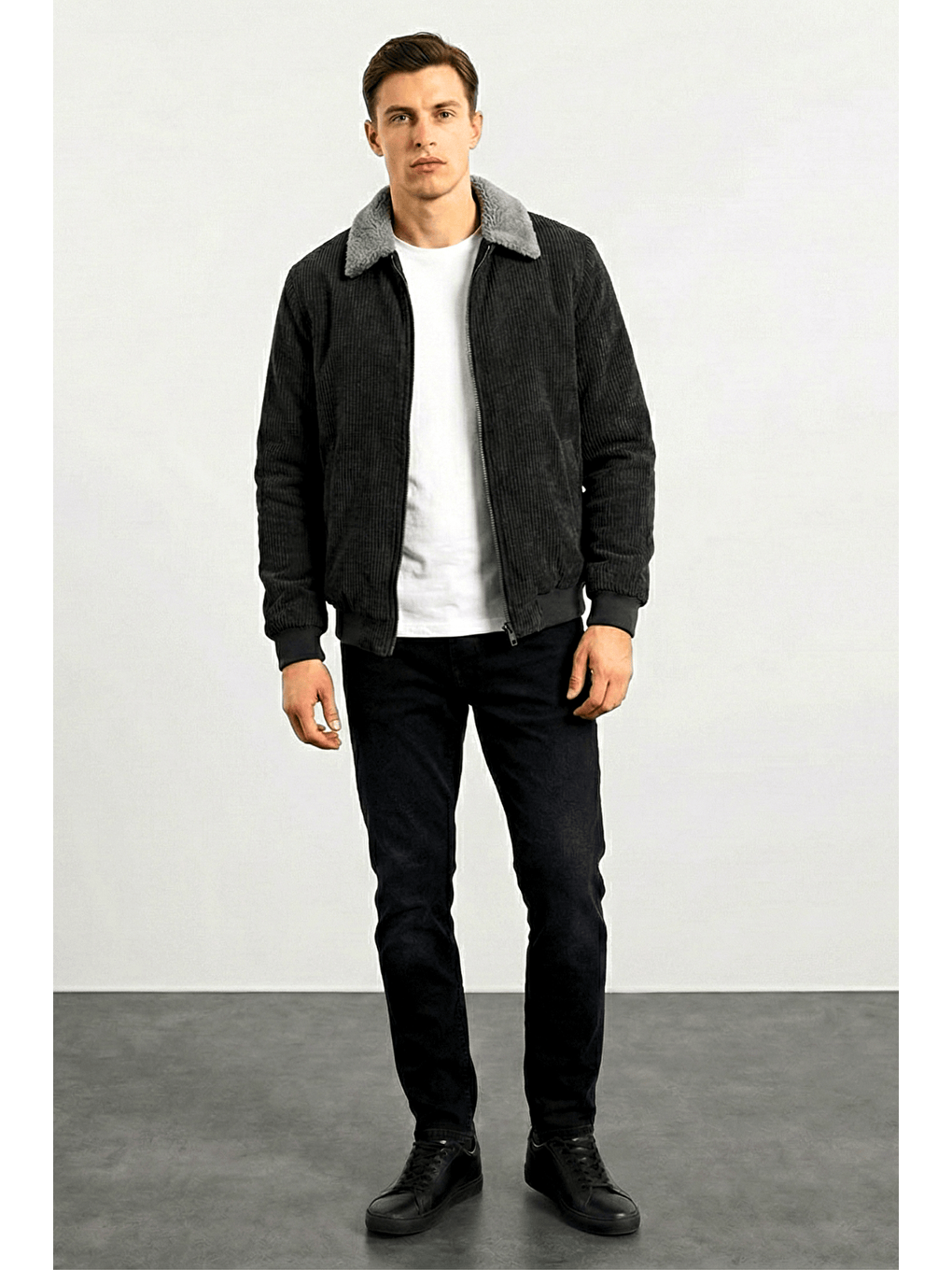 Siyah Erkek Kadife Mont Pelüş Astarlı Gömlek Yaka Rüzgar Geçirmez Kadife Mont-2