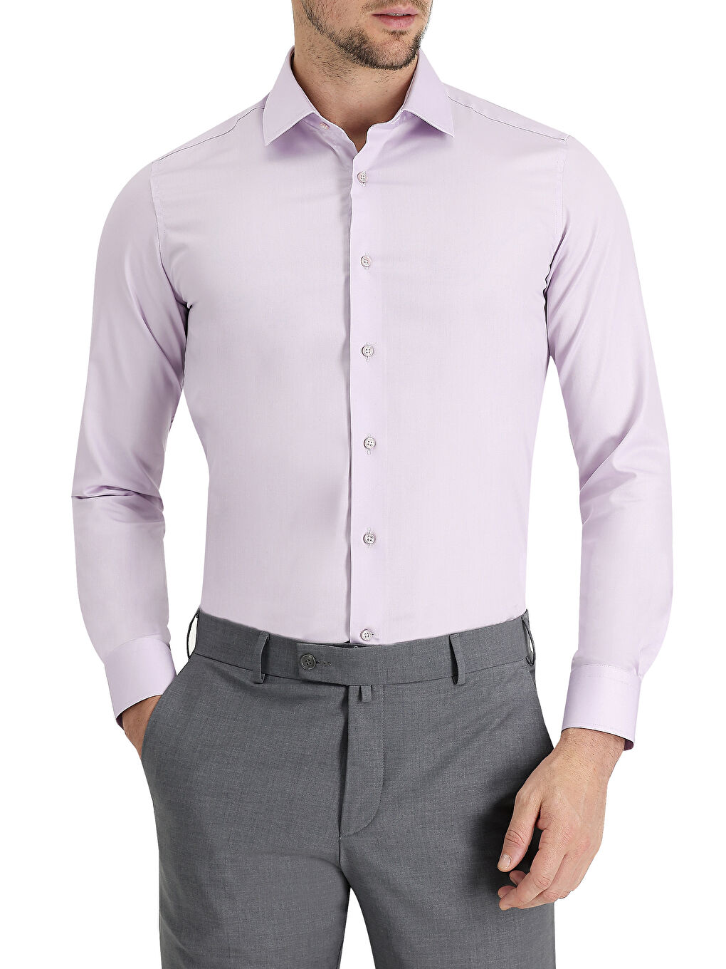 Lila Uzun Kol Slim Fit Dar Kesim Non Iron Saten Pamuklu Gömlek